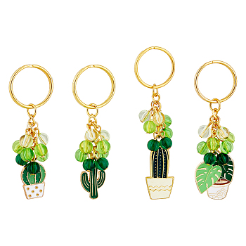1 Set Cactus/Leaf Potting Alloy Enamel Pendant Keychain, with Acrylic Beads, for Car Bag Pendant Decoration Key Chain, Plants Pattern, 7.9~9.3cm, 4pcs/box
