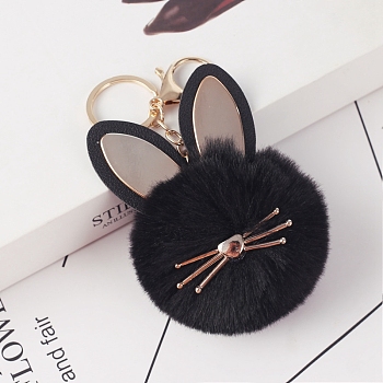 Faux Fur Cat Pendant Keychain, Cute Kitten Golden Tone Alloy Key Ring Ornament, Black, 15x8cm