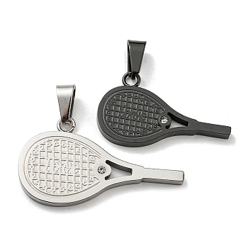 Ion Plating(IP) 304 Stainless Steel Pendants, with Rhinestone, Tennis Racket, Gunmetal & Stainless Steel Color, 19x34x2.5mm, Hole: 7.5x3.5mm