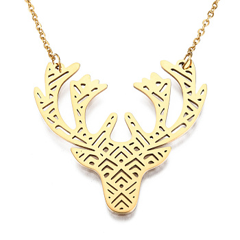 201 Stainless Steel Pendant Necklaces, with Cable Chains, Christmas Reindeer/Stag, Golden, 17.7 inch(45cm), 2mm, Reindeer: 39x38x1mm