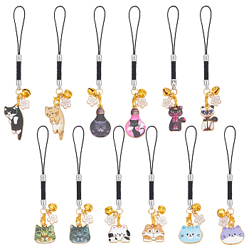 Cat Shape Alloy Enamel Pendant Decorations, Nylon Cord Hanging Decorations, Mixed Color, 100~118mm, 6 style, 2pcs/style, 12pcs/set