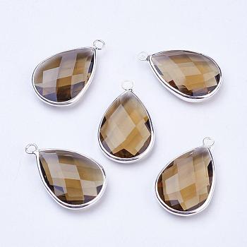 Silver Color Plated Brass Glass Teardrop Pendants, Faceted, Tan, 18x10x5mm, Hole: 2mm