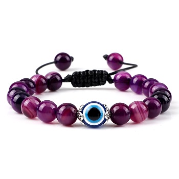 Evil Eye Beaded Bracelets, Round Natural Striped Agate/Banded Agate Adjustable Bracelets for Women