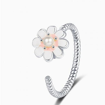 Dasiy Rotatable Open Cuff Rings for Women, Brass Fidget Spinner Rings, with Plastic Pearl Beads & Enamel, Platinum, Inner Diameter: 17mm