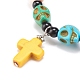 Natural Mashan Jade Skull Beaded Stretch Bracelet with Synthetic Turquoise(Dyed) Cross Charm(BJEW-JB08372)-6