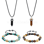 Natural Mixed Gemstone Bullet Pendant Necklaces & Braided Bead Bracelet, Jewelry Set, 17.72 inch(45cm), Inner Diameter: 2~3-1/8 inch(5~7.9cm)(SJEW-FI0001-12)