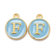 Golden Plated Alloy Enamel Charms, Cadmium Free & Lead Free, Enamelled Sequins, Flat Round, Sky Blue, Letter.F, 14x12x2mm, Hole: 1.5mm(ENAM-S118-04F)