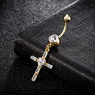 Piercing Jewelry, Brass Cubic Zirconia Navel Ring, Belly Rings, with Surgical Stainless Steel Bar, Cadmium Free & Lead Free, Real 18K Gold Plated, Cross, Clear, 48x16mm, Bar: 15 Gauge(1.5mm), Bar Length: 3/8"(10mm)(AJEW-EE0003-08A)