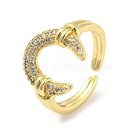 Brass Micro Pave Cubic Zirconia Open Cuff Ring, Crescent Moon, Real 16K Gold Plated, Inner Diameter: 17.8mm(RJEW-C033-09G)