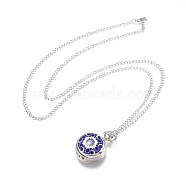 (Autumn Aesthetic Big Sale), Alloy Porcelain Flat Round Pendant Necklace Pocket Watch, with Iron Chains and Lobster Claw Clasps, Quartz Watch, Blue and White Style, Platinum, Blue, 31.5 inch~32.2 inch, Watch Head: 40x29x14mm(X-WACH-N013-05D)