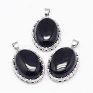 Natural Black Agate Pendants, with Brass Findings, Oval, Dyed, Platinum, 30x21x10~11mm, Hole: 6x4mm(G-D851-13)