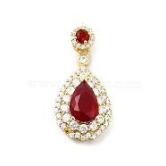 Brass Micro Pave Clear Cubic Zirconia Pendants, with Faceted Glass, Teardrop, Real 18K Gold Plated, Red, 32.5mm, Hole: 3.5x2.5mm(KK-I695-002G-01)