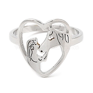 304 Stainless Steel Heart with Horse Adjustable Ring for Women, Stainless Steel Color, US Size 6(16.5mm)(RJEW-M149-20P)