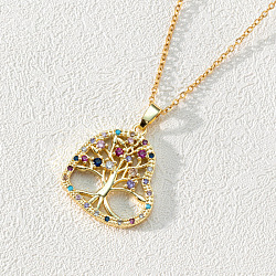 18K Gold Plated Tree of Life Pendant Necklace with CZ Stones Circle Cutout, Mixed Color, size 3(ST6008712)