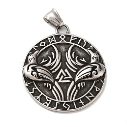 Viking 304 Stainless Steel Pendant, with 201 Stainless Steel Snap On Bails, Flat Round with Crow & Valknut & Helm of Awe, Antique Silver, 44x38x4mm, Hole: 4x8mm(STAS-A080-24AS)