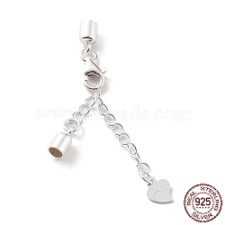 925 Sterling Silver Curb Chain Extender, End Chains with Lobster Claw Clasps and Cord Ends, Heart Chain Tabs, with S925 Stamp, Silver, 28mm(STER-G039-04A-S)