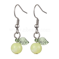 Acrylic Dangle Earrings, with 304 Stainless Steel Earring Hooks, Round with Leaf, Yellow, 32.5x12.5mm(EJEW-JE05750-05)