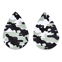Imitation Leather Big Pendants, Teardrop with Camouflage Pattern, Light Green, 56.5x37x2mm, Hole: 2mm(FIND-T062-006A)