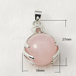 Gemstone Pendants, with Brass Findings and Natural Rose Quartz, Round, Platinum, Pink, 27x18mm, Hole: 4x6mm(G-G074-08)