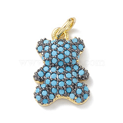 Rack Plating Brass Micro Pave Cubic Zirconia Charms, Lead Free & Cadmium Free, Bear Charm, Real 18K Gold Plated, with Jump Ring, Sky Blue, 15x10x3.5mm, Hole: 3mm(KK-H443-06G-01)