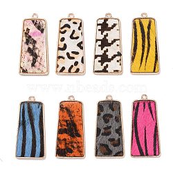 Eco-Friendly Cowhide Leather Pendants, with Golden Plated Alloy Cabochon Settings, Trapezoid with Spot Pattern, Mixed Color, 40~41x20x2.5mm, Hole: 1.6mm(FIND-N049-04)
