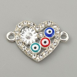 Alloy Enamel Link Connectors, with Crystal Rhinestone, Heart with Evil Eye, Silver, Heart Pattern, 16x23x2.5mm, Hole: 1.8mm(FIND-TAC0011-50D-S)