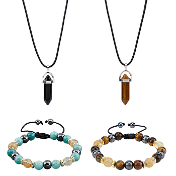 Natural Mixed Gemstone Bullet Pendant Necklaces & Braided Bead Bracelet, Jewelry Set, 17.72 inch(45cm), Inner Diameter: 2~3-1/8 inch(5~7.9cm)