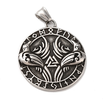 Viking 304 Stainless Steel Pendant, with 201 Stainless Steel Snap On Bails, Flat Round with Crow & Valknut & Helm of Awe, Antique Silver, 44x38x4mm, Hole: 4x8mm