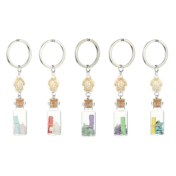 Wishing Bottle Glass Pendant Keychains, with Gemstone Chips Beads & Paper Slip Rolls inside and Synthetic Turquoise Sea Turtle, Iron Split Key Rings , 9.8~9.9cm