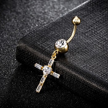 Piercing Jewelry, Brass Cubic Zirconia Navel Ring, Belly Rings, with Surgical Stainless Steel Bar, Cadmium Free & Lead Free, Real 18K Gold Plated, Cross, Clear, 48x16mm, Bar: 15 Gauge(1.5mm), Bar Length: 3/8"(10mm)