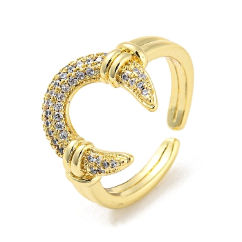 Brass Micro Pave Cubic Zirconia Open Cuff Ring, Crescent Moon, Real 16K Gold Plated, Inner Diameter: 17.8mm