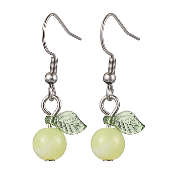 Acrylic Dangle Earrings, with 304 Stainless Steel Earring Hooks, Round with Leaf, Yellow, 32.5x12.5mm