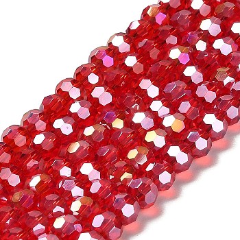 Transparent Glass Beads, 32 Facets, AB Color Plated, Round, Cerise, 6x5.5mm, Hole: 1.2mm, about 91~93pcs/strand, 19.57''~19.92''(49.7~50.6cm)