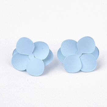 Spray Painted Iron Stud Earring Settings, with Earring Backs/Ear Nuts, Flower, Light Sky Blue, 30x29~30x11mm, Pin: 1mm