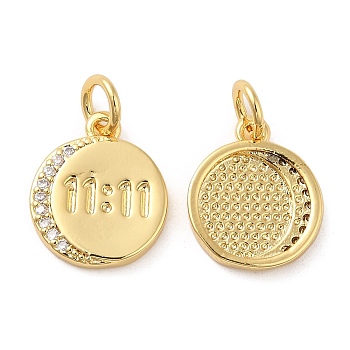 Rack Plating Brass Micro Pave Cubic Zirconia Pendants, Long-Lasting Plated, Cadmium Free & Lead Free, Flat Round, Real 18K Gold Plated, 13x11x2mm, Hole: 3mm
