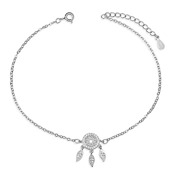 SHEGRACE Rhodium Plated 925 Sterling Silver Link Anklets, with Grade AAA Cubic Zirconia, Woven Net/Web with Feather, Platinum, 8-1/4 inch(21cm)