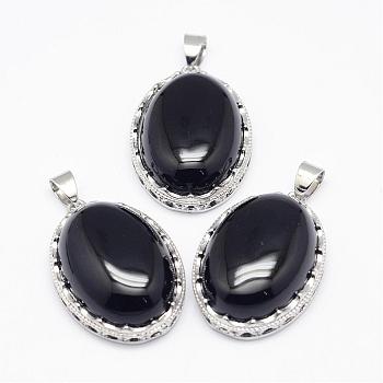 Natural Black Agate Pendants, with Brass Findings, Oval, Dyed, Platinum, 30x21x10~11mm, Hole: 6x4mm