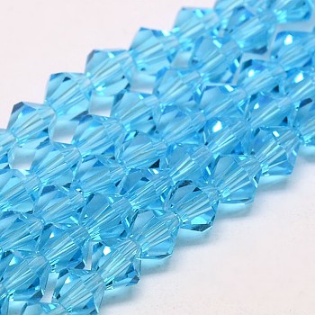 Imitate Austrian Crystal Bicone Glass Beads Strands, Grade AA, Faceted, Deep Sky Blue, 4x4mm, Hole: 1mm, about 93~95pcs/strand, 14 inch
