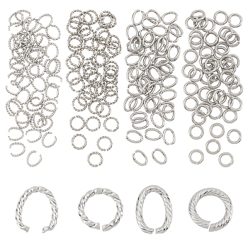 200Pcs 4 Style 304 Stainless Steel Jump Rings, Open Jump Rings, Mixed Shape, Stainless Steel Color, 12.5~14x10~12.5x2~2.2mm, 50pcs/style