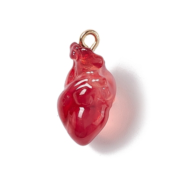 Transparent Resin Pendants, Anatomical Heart Charms, with Golden Plated Iron Loops, Indian Red, 20.5~21.5x11.5x11mm, Hole: 2mm