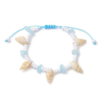 Dyed Natural White Jade Braided Bead Bracelets, Beach Natural Spiral Shell Adjustable Kid Bracelets for Girls, Deep Sky Blue, Inner Diameter: 1-5/8~2-7/8 inch(4.1~7.2cm)