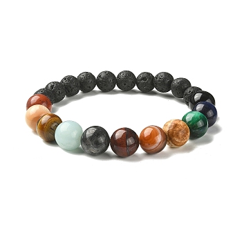 Natural Shell & Mixed Gemstone Round Beaded Stretch Bracelet, Universe Chakra Galaxy Solar System Jewelry for Women, Inner Diameter: 2-1/8 inch(5.4cm)