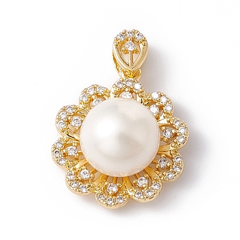 Natural Cultured Freshwater Pearl Pendants, with Brass Micro Pave Cubic Zirconia Findings, Golden, Flower, Clear, 18.5x16x9mm, Hole: 3x2mm
