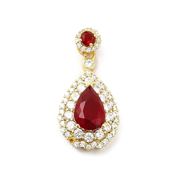 Brass Micro Pave Clear Cubic Zirconia Pendants, with Faceted Glass, Teardrop, Real 18K Gold Plated, Red, 32.5mm, Hole: 3.5x2.5mm