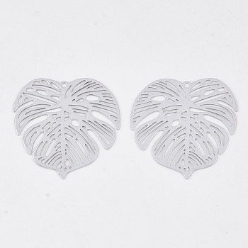 Brass Pendants, Tropical Leaf Charms, Etched Metal Embellishments, Long-Lasting Plated, Monstera Leaf, Platinum, 26x26x0.3mm, Hole: 1.2mm