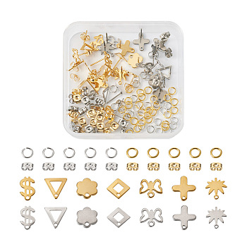 56Pcs 14 Style 201 Stainless Steel Stud Earring Findings with Hole and 304 Stainless Steel Pins and Ear Nuts, with 60Pcs Brass Jump Rings, Flower & Cross & Leaf & Butterfly & Oval, Golden & Stainless Steel Color, 9~12x7~10.5mm, Hole: 1~1.6mm, Pin: 0.8mm, 4Pcs/style