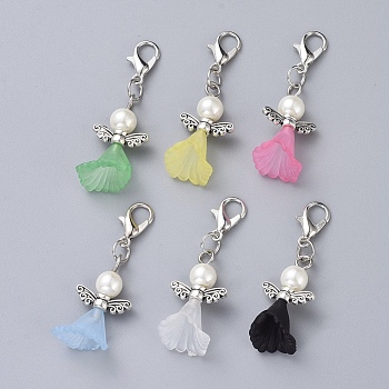 Acrylic Pendants, with Dyed Glass Pearl Beads, Zinc Alloy Lobster Claw Clasps and Alloy Beads, Angel, Mixed Color, 40mm