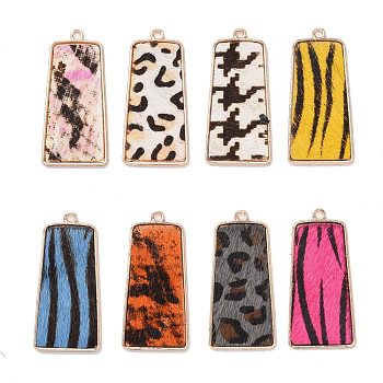 Eco-Friendly Cowhide Leather Pendants, with Golden Plated Alloy Cabochon Settings, Trapezoid with Spot Pattern, Mixed Color, 40~41x20x2.5mm, Hole: 1.6mm