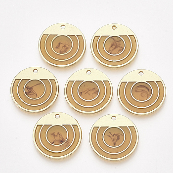 Epoxy Resin Pendants, with Alloy Findings, Flat Round, Golden, Goldenrod, 23x2mm, Hole: 1.6mm