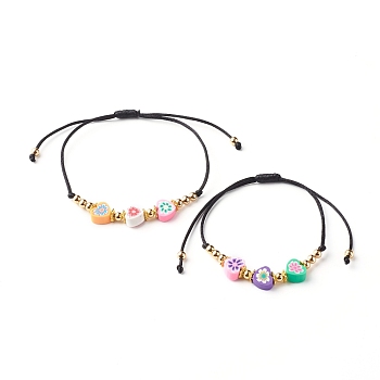 Adjustable Nylon Thread Cord Bracelets, with Handmade Polymer Clay Heart Bead and Brass Spacer Beads, Colorful, Black, Inner Diameter: 3/4~3-3/4 inch(1.8~9.5cm)